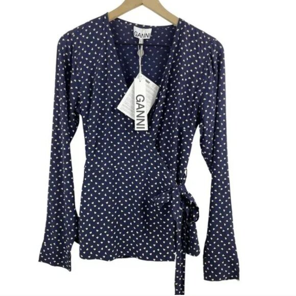 NWT GANNI Wrap Heart Polka Dots Crepe Blouse Navy Blue - Picture 1 of 1